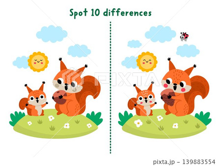 Forest find differences game for children with squirrel mother and baby on meadow. Woodland educational activity with animal. Puzzle for kids with cute scene. Printable worksheet, page Forest find differences game for children with squirrel mother and baby on meadow. Woodland educational activity with animal. Puzzle for kids with cute scene. Printable worksheet, page 139883554