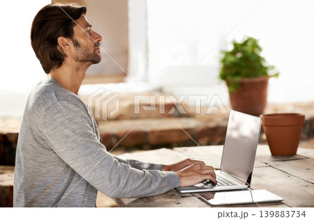 Businessman, laptop and typing or research in cafe with remote work, copywriting or freelance employee. Entrepreneur, person and technology for email, writing and online planning in coffee shop Businessman, laptop and typing or research in cafe with remote work, copywriting or freelance employee. Entrepreneur, person and technology for email, writing and online planning in coffee shop 139883734