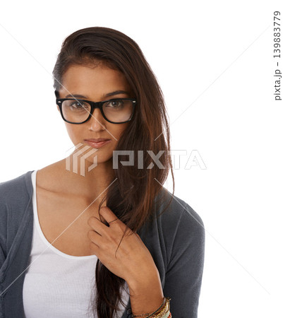 Woman, portrait and glasses for clear vision as optometry healthcare or studio, mockup space or white background. Female person, model and face with eyewear for prescription frames wellness or India Woman, portrait and glasses for clear vision as optometry healthcare or studio, mockup space or white background. Female person, model and face with eyewear for prescription frames wellness or India 139883779