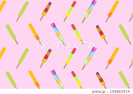 Seamless pattern with long colorful striped fruit ice popsicles on a pastel pink background Seamless pattern with long colorful striped fruit ice popsicles on a pastel pink background 139883914