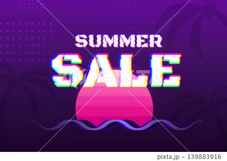 Retro synthwave summer sale vector banner with glitch typography and neon sunset Retro synthwave summer sale vector banner with glitch typography and neon sunset 139883916