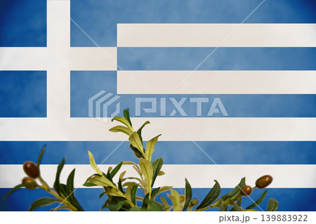 Vignetted Greek flag with an olive branch at the bottom foreground Vignetted Greek flag with an olive branch at the bottom foreground 139883922