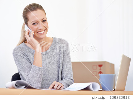 Happy, woman and portrait of phone call with blueprint of small business and renovation planning. Employee, conversation and paperwork of office development with mobile and moving at morning Happy, woman and portrait of phone call with blueprint of small business and renovation planning. Employee, conversation and paperwork of office development with mobile and moving at morning 139883938