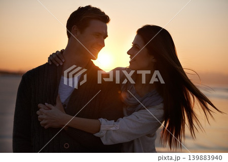 Couple hug, sunset on beach and travel for bonding, romance outdoor with love and trust. Happiness, support and loyalty with people in relationship, sunshine and adventure together with smile 139883940