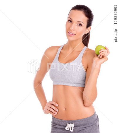 Nutrition, apple and portrait of woman in studio with snack for weight loss, health and wellness diet. Fitness, vitamins and female person with organic and fresh fruit by white background with mockup Nutrition, apple and portrait of woman in studio with snack for weight loss, health and wellness diet. Fitness, vitamins and female person with organic and fresh fruit by white background with mockup 139883993