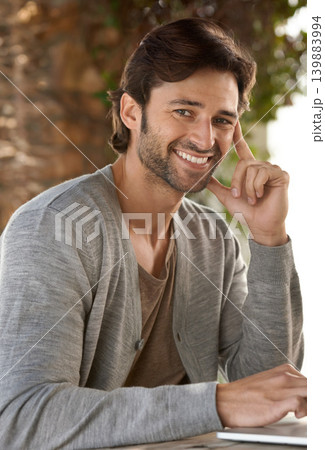Businessman, laptop and happy with portrait for research with remote work, relax or freelance writer. Entrepreneur, person and face with technology for email, typing or online planning at coffee shop Businessman, laptop and happy with portrait for research with remote work, relax or freelance writer. Entrepreneur, person and face with technology for email, typing or online planning at coffee shop 139883994