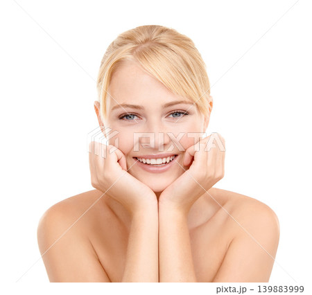 Skincare, smile and portrait of woman in studio with natural, health and wellness face routine. Cosmetic, beauty and young female person with facial dermatology treatment for glow by white background Skincare, smile and portrait of woman in studio with natural, health and wellness face routine. Cosmetic, beauty and young female person with facial dermatology treatment for glow by white background 139883999