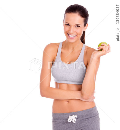 Wellness, apple and portrait of woman in studio with snack for weight loss, health and wellness diet. Happy, vitamin and person with organic, fresh and nutrition fruit by white background with mockup Wellness, apple and portrait of woman in studio with snack for weight loss, health and wellness diet. Happy, vitamin and person with organic, fresh and nutrition fruit by white background with mockup 139884037