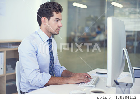 Business, accountant and man with a computer, typing and internet with research and online reading. Person, employee and financial adviser with a pc and connection with company website and technology 139884112