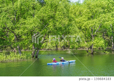 新緑の白川湖と水没林 カヌーと湖面 山形県飯豊町 新緑の白川湖と水没林 カヌーと湖面 山形県飯豊町 139884183