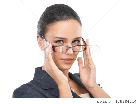 Businesswoman, eyewear and confident in studio portrait, professional and consultant on white background. Female person, glasses and entrepreneur pride for startup company, optical care and serious Businesswoman, eyewear and confident in studio portrait, professional and consultant on white background. Female person, glasses and entrepreneur pride for startup company, optical care and serious 139884214