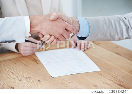 Shaking hands, business people and contract, onboarding with human resources in meeting or interview. Paperwork, cooperation and partnership with signature, recruitment and handshake for welcome 139884244