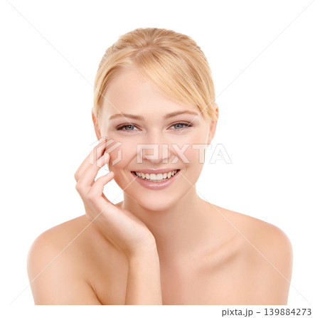 Skincare, smile and portrait of woman in studio with natural, health and beauty face routine. Wellness, happy and female model from Australia with facial dermatology treatment by white background. Skincare, smile and portrait of woman in studio with natural, health and beauty face routine. Wellness, happy and female model from Australia with facial dermatology treatment by white background. 139884273