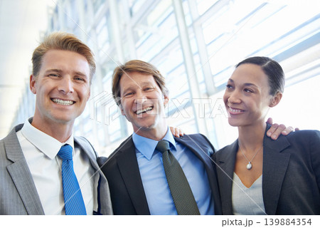 Business people, office and smile for company, portrait and diversity with workspace for corporate. Management, employee and teamwork for collaboration, trust and union for career or mentorship 139884354
