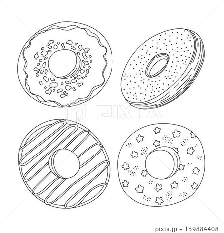 Donuts set simple hand drawn doodle illustration, linear sweet food elements, baked desserts for modern cafe menu design, cute stickers, and food coloring pages Donuts set simple hand drawn doodle illustration, linear sweet food elements, baked desserts for modern cafe menu design, cute stickers, and food coloring pages 139884408