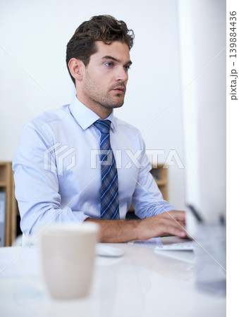 Thinking, employee and man with a computer, typing and internet with research and planning. Person, accountant and financial adviser with a pc and connection with company blog and reading tech news Thinking, employee and man with a computer, typing and internet with research and planning. Person, accountant and financial adviser with a pc and connection with company blog and reading tech news 139884436