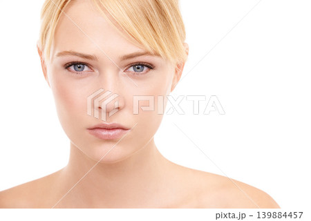 Face, beauty and portrait of woman in studio with natural, health and skincare routine. Wellness, cosmetic and female model from Australia with facial glow dermatology treatment by white background. Face, beauty and portrait of woman in studio with natural, health and skincare routine. Wellness, cosmetic and female model from Australia with facial glow dermatology treatment by white background. 139884457