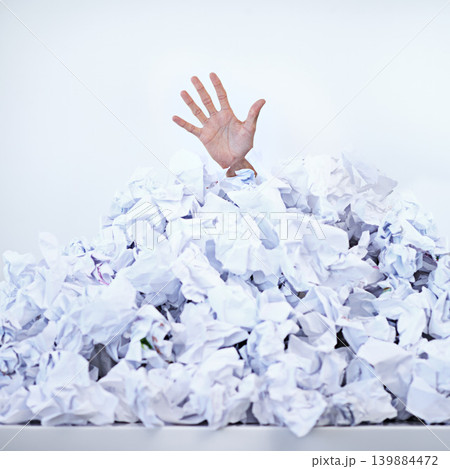 Person, business and hand or paper pile as corporate deadline or buried in documents for work stress, problem or responsibilities. Fingers, trapped and employee reach for help, burnout or overwhelmed Person, business and hand or paper pile as corporate deadline or buried in documents for work stress, problem or responsibilities. Fingers, trapped and employee reach for help, burnout or overwhelmed 139884472