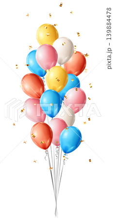 Colorful balloons flying up with confetti. Colorful balloons flying up with confetti. 139884478
