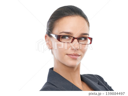 Businesswoman, thinking and consultant in studio, professional and agent on white background. Female person, eyewear and employee confident for career at company, optical care and glasses on mockup Businesswoman, thinking and consultant in studio, professional and agent on white background. Female person, eyewear and employee confident for career at company, optical care and glasses on mockup 139884497