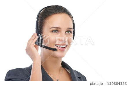 Businesswoman, headset and assistant in studio, customer service and crm on white background. Female person, call centre representative and tech support or hotline, contact and agent at helpdesk 139884528