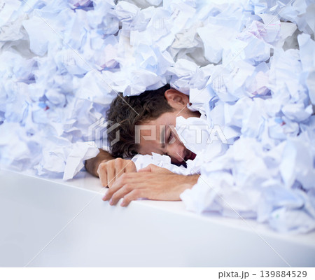 Man, desk and sleep with pile of documents, crisis and tired with burnout, stress and administration. Fatigue, audit and person lost in paperwork, overworked and overwhelmed with pressure in office. Man, desk and sleep with pile of documents, crisis and tired with burnout, stress and administration. Fatigue, audit and person lost in paperwork, overworked and overwhelmed with pressure in office. 139884529