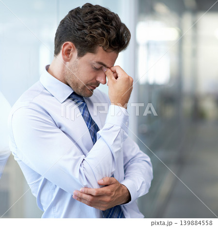 Headache, fatigue and business man with stress, burnout and anxiety for financial crisis in office. Frustrated, depression and serious professional with pain, sick and fail challenge with mistake Headache, fatigue and business man with stress, burnout and anxiety for financial crisis in office. Frustrated, depression and serious professional with pain, sick and fail challenge with mistake 139884558