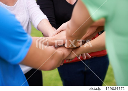 Group, teamwork and hands together in unity for collaboration, support or trust in nature. Closeup of people or community piling for love, care or outdoor agreement in solidarity, mission or goals 139884571