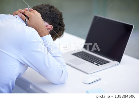 Business, neck pain and man with laptop, frustrated and deadline with burnout and professional. Person, office and employee with computer and startup with fatigue and tired with a mistake and fail 139884600