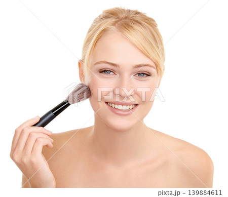 Woman, portrait and brush with smile for makeup in studio with cosmetics, face transformation or wellness..Model, person and happy with beauty product for cosmetology and skincare on white background Woman, portrait and brush with smile for makeup in studio with cosmetics, face transformation or wellness..Model, person and happy with beauty product for cosmetology and skincare on white background 139884611