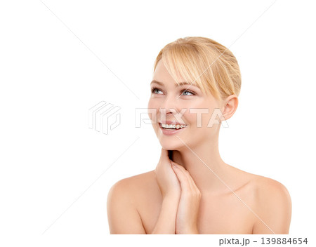 Beauty, thinking and portrait of woman in studio with natural, health and skincare face routine. Glow, smile and model from Australia with facial dermatology treatment by white background with mockup Beauty, thinking and portrait of woman in studio with natural, health and skincare face routine. Glow, smile and model from Australia with facial dermatology treatment by white background with mockup 139884654
