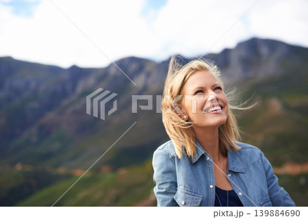 Woman, smile and vacation in nature for mountain as tourist in Cape Town to relax and peace. Female person, happiness and excited for adventure on road trip for holiday, getaway and freedom outdoor Woman, smile and vacation in nature for mountain as tourist in Cape Town to relax and peace. Female person, happiness and excited for adventure on road trip for holiday, getaway and freedom outdoor 139884690