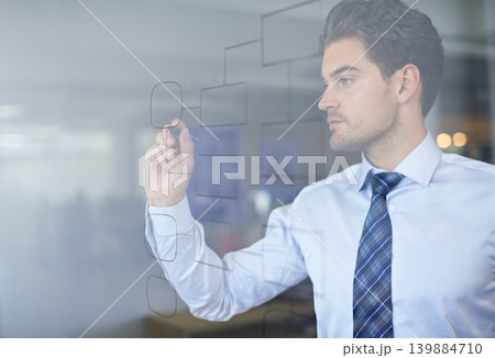 Businessman, strategy and mindmap on glass wall for brainstorming, planning and vision in office. Idea, thinking and professional man with drawing for analysis, innovation and problem solving Businessman, strategy and mindmap on glass wall for brainstorming, planning and vision in office. Idea, thinking and professional man with drawing for analysis, innovation and problem solving 139884710