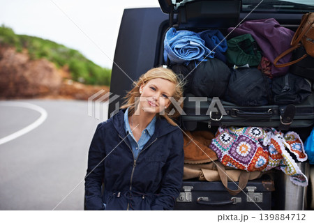 Woman, portrait and car luggage on road trip on mountain or camp holiday, vacation or explore. Female person, smile and vehicle trunk or bags for European adventure or travel, transport or journey Woman, portrait and car luggage on road trip on mountain or camp holiday, vacation or explore. Female person, smile and vehicle trunk or bags for European adventure or travel, transport or journey 139884712