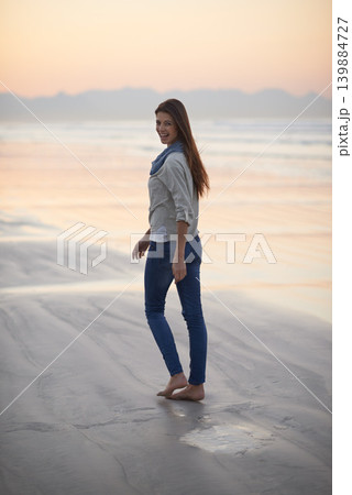 Woman, walking and happy in portrait at beach, sunset and vacation with nature to relax by ocean. Girl, person and outdoor by sea with feet in sand for holiday, adventure or smile by sea in Australia Woman, walking and happy in portrait at beach, sunset and vacation with nature to relax by ocean. Girl, person and outdoor by sea with feet in sand for holiday, adventure or smile by sea in Australia 139884727