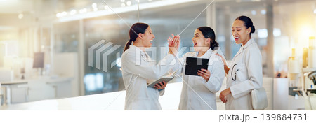 Scientist, high five and research success on tablet for teamwork, medical goals and achievement in laboratory. Science students or women group with wow, solution and check data on digital technology Scientist, high five and research success on tablet for teamwork, medical goals and achievement in laboratory. Science students or women group with wow, solution and check data on digital technology 139884731