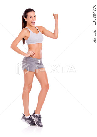 Portrait, exercise and flexing with woman, smile and progress isolated on white studio background. Person, mockup space or strong with model and workout with fitness goals or training with health 139884876