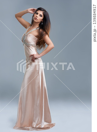 Fashion, luxury and portrait of woman with glamour, confidence and space in studio. Classic, chic and elegant style with model on grey background for designer clothes, silk and aesthetic mockup. 139884917