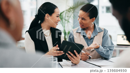 Tablet, discussion and business women in office for financial company budget report with collaboration. Meeting, conversation and finance analyst team with digital technology for stock investment. 139884930