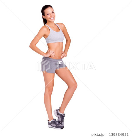 Studio, woman or confident in portrait for exercise in gym clothes, fitness or weight loss by white background. Mexican model, happy face or workout in aerobics for health or training for strong body Studio, woman or confident in portrait for exercise in gym clothes, fitness or weight loss by white background. Mexican model, happy face or workout in aerobics for health or training for strong body 139884931