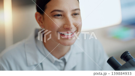 Computer, happy woman or scientist reading in laboratory for chemistry research report or scientific news. Face, information or science expert typing online for medicine development or medical data 139884933
