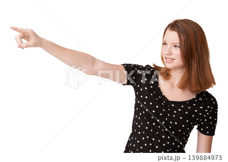 White background, portrait and girl to point, wonder and contemplate with mockup in studio. Confident, gen z teenager or female student with finger, eyes and smile to imagine, announce and show ideas White background, portrait and girl to point, wonder and contemplate with mockup in studio. Confident, gen z teenager or female student with finger, eyes and smile to imagine, announce and show ideas 139884973