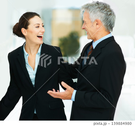 Employee, laughing and meeting with boss in office for business in corporate company for strategy. Woman, happy and talking to leader of workplace in professional clothes for work or job for teamwork Employee, laughing and meeting with boss in office for business in corporate company for strategy. Woman, happy and talking to leader of workplace in professional clothes for work or job for teamwork 139884980