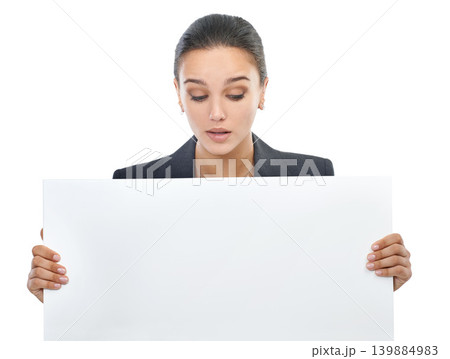 Woman, advertising and placard with mockup space in studio, portrait and information for market sales. Girl, poster and announcement for promotion, billboard and communication with white background Woman, advertising and placard with mockup space in studio, portrait and information for market sales. Girl, poster and announcement for promotion, billboard and communication with white background 139884983