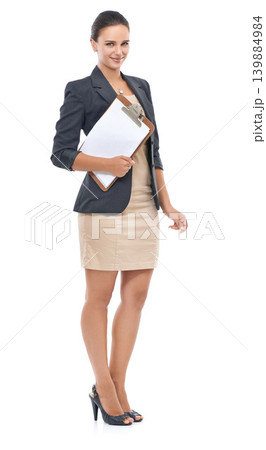 Portrait, woman and clipboard with checklist for onboarding of clients, guests or visitors. Confident, professional receptionist with smile and business attire for studio mockup on white background Portrait, woman and clipboard with checklist for onboarding of clients, guests or visitors. Confident, professional receptionist with smile and business attire for studio mockup on white background 139884984