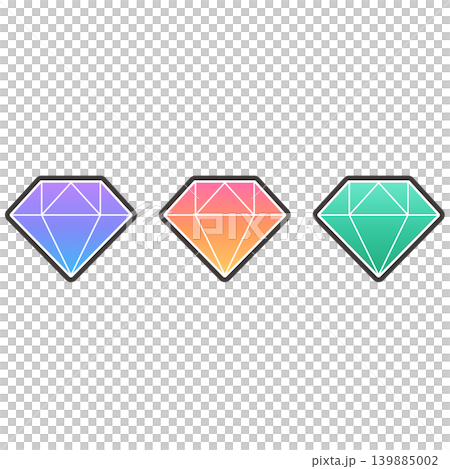 Set of 3 gradient-colored diamond gemstone icons, flat design, white background. 139885002