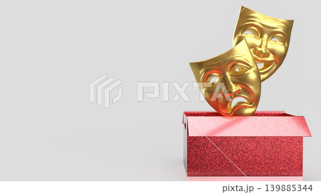 Golden Theater Masks in Red Gift Box 3d render. 139885344