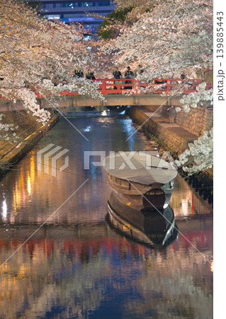 歴史と文化を感じる水郷の街 大垣の水門川に佇むたらい舟と桜 139885443