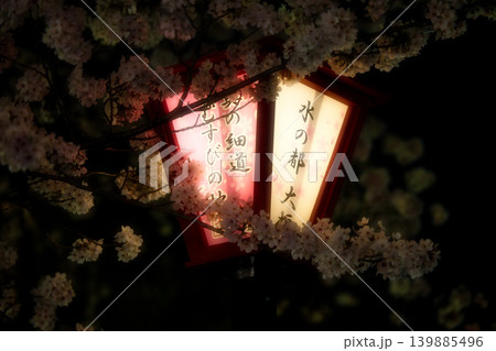 岐阜県大垣市・水門川の春 幻想的にライトアップされた行灯の夜景素材 岐阜県大垣市・水門川の春 幻想的にライトアップされた行灯の夜景素材 139885496