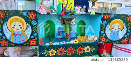 Detailed view of a traditional puppet theater stage with colorful characters, creative storytelling, cultural education. Detailed view of a traditional puppet theater stage with colorful characters, creative storytelling, cultural education. 139885880